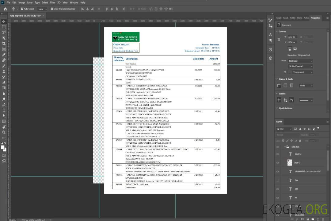 Relevé bancaire de la Bank of Africa du Burkina Faso template Relevé bancaire de la Bank of Africa du Burkina Faso template